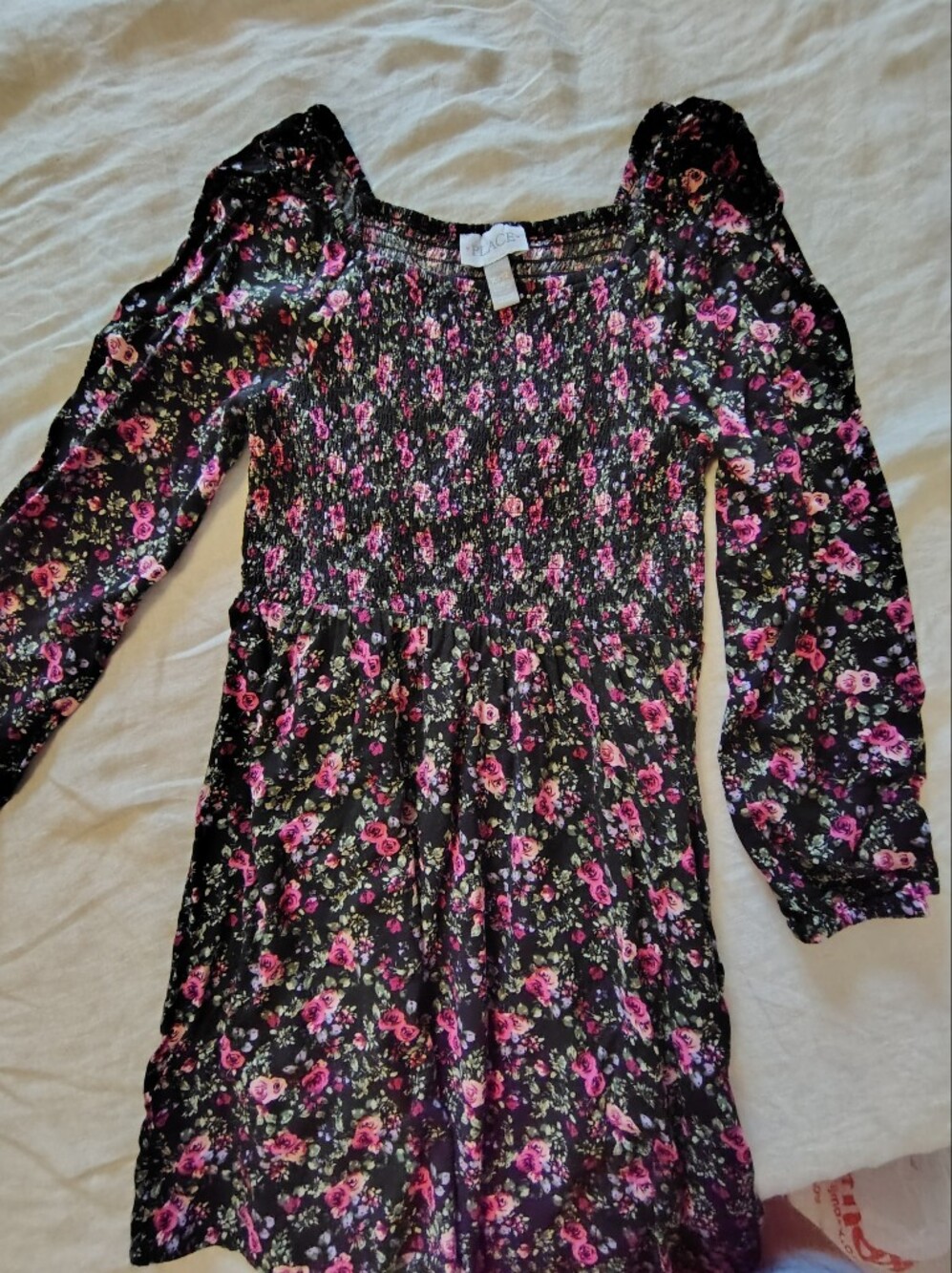 Kids Floral Smocked Long Sleeve Dress - Pink on Black